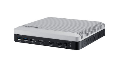 AMD Ryzen™ Embedded R2000 processors support 4× HDMI 4K displays, dual GbE LAN, wide-temp range, and fanless design, optimized for various uses.